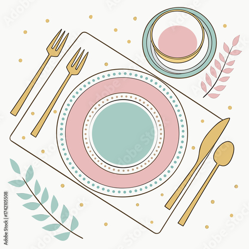 Vector art of overhead view of a stylishly arranged table setting, showcasing plates, cutlery, and decorative leaves, perfect for a sophisticated dining experience