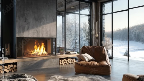 Cozy Rustic Living Room with Fireplace and Snowy Winter View Brown Leather Armchairs Fluffy Rug Wooden Ceiling and Concrete Walls Large Windows and Ambiant Lighting