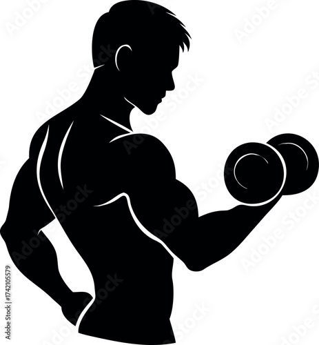 Black silhouette of a strong athletic man engaged in weight training, flexing his bicep muscle with a dumbbell for a powerful workout