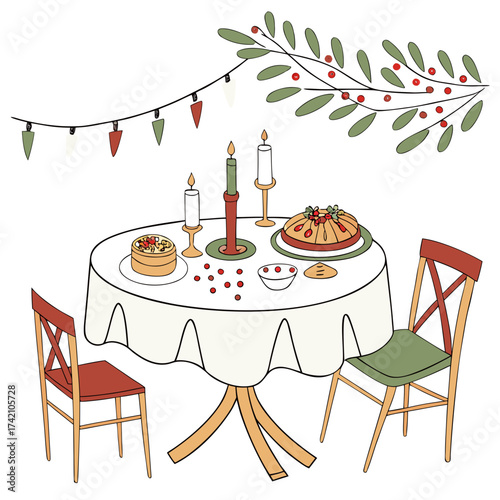 Vector art of charming christmas dinner illustration showcasing a table with candles, cake, and chairs, decorated with a garland and lights, evoking a warm and inviting holiday spirit