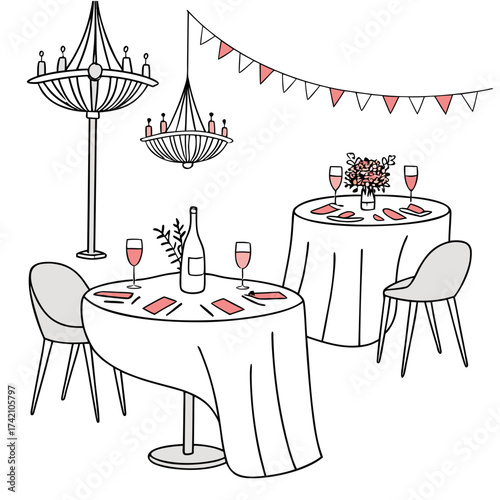 Illustration of an elegant wedding party with tables, chairs, chandeliers, flowers and pennants perfect for invitations, cards, or any design project