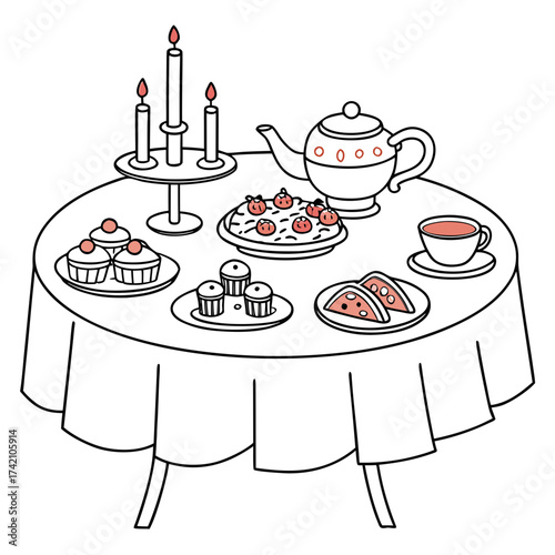 Vector art of a delightful tea party illustration, showcasing a table adorned with cupcakes, a teapot, and various treats, all illuminated by the warm glow of candles