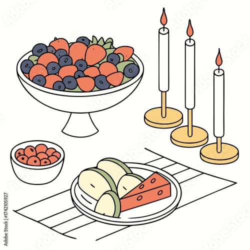 Vector art of a charming illustration of a fruitfilled feast, featuring a bowl overflowing with berries, accompanied by candles and a plate of apples and cheese