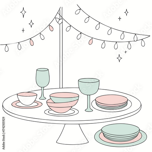 Vector art of a delightful illustration showcasing a festive table setting with string lights, evoking a sense of celebration and joy in a clean, minimalist style