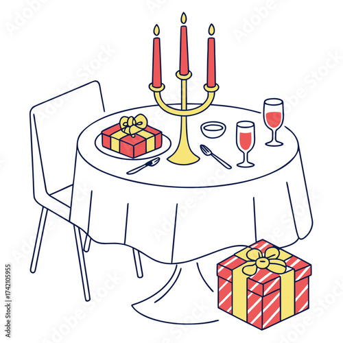 Vector art of a beautifully set table with a white tablecloth, featuring a candelabra with red candles, wine glasses, and wrapped gifts, creating an elegant and festive atmosphere