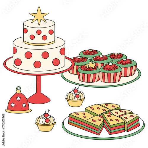 Vector art of a delightful dessert spread, showcasing a twotiered cake, an assortment of cupcakes, and slices of cake, creating a festive and tempting display of sweet treats