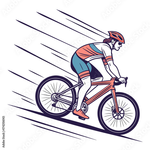 Vector art of a dynamic vector illustration of a male cyclist speeding along on a mountain bike, the artwork captures the essence of speed and determination