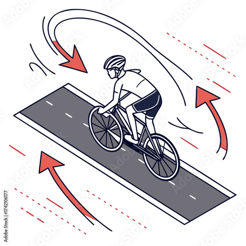 Vector art of cyclist riding a bicycle on a straight road with directional arrows indicating the path, creating a dynamic sense of speed and movement