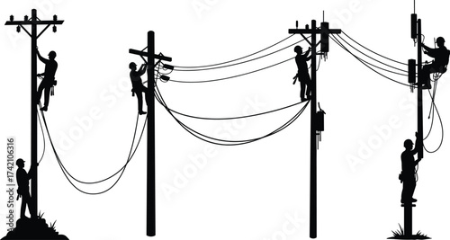 Silhouette electrical linemen working on utility poles, repairing power lines, installing cables, teamwork safety equipment, dangerous electricity maintenance, high voltage repair illustration