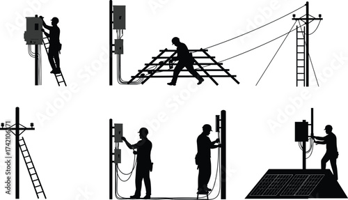 Silhouette electrician working on solar panels, utility poles, electrical boxes, installing power lines, repairing grid, renewable energy, maintenance, ladder safety