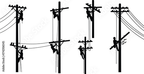 Silhouette linemen climbing utility poles, repairing electric power lines, teamwork, safety harness, electricity maintenance, energy supply, cable repair, voltage infrastructure service