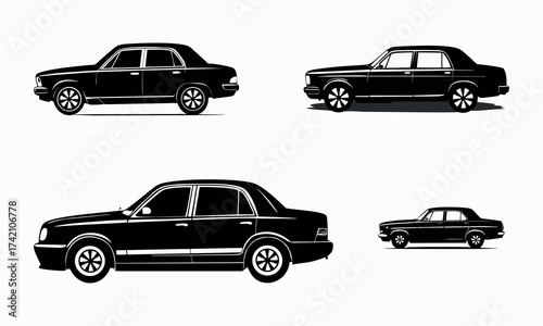 A dark silhouette of a 4 door sedan side view