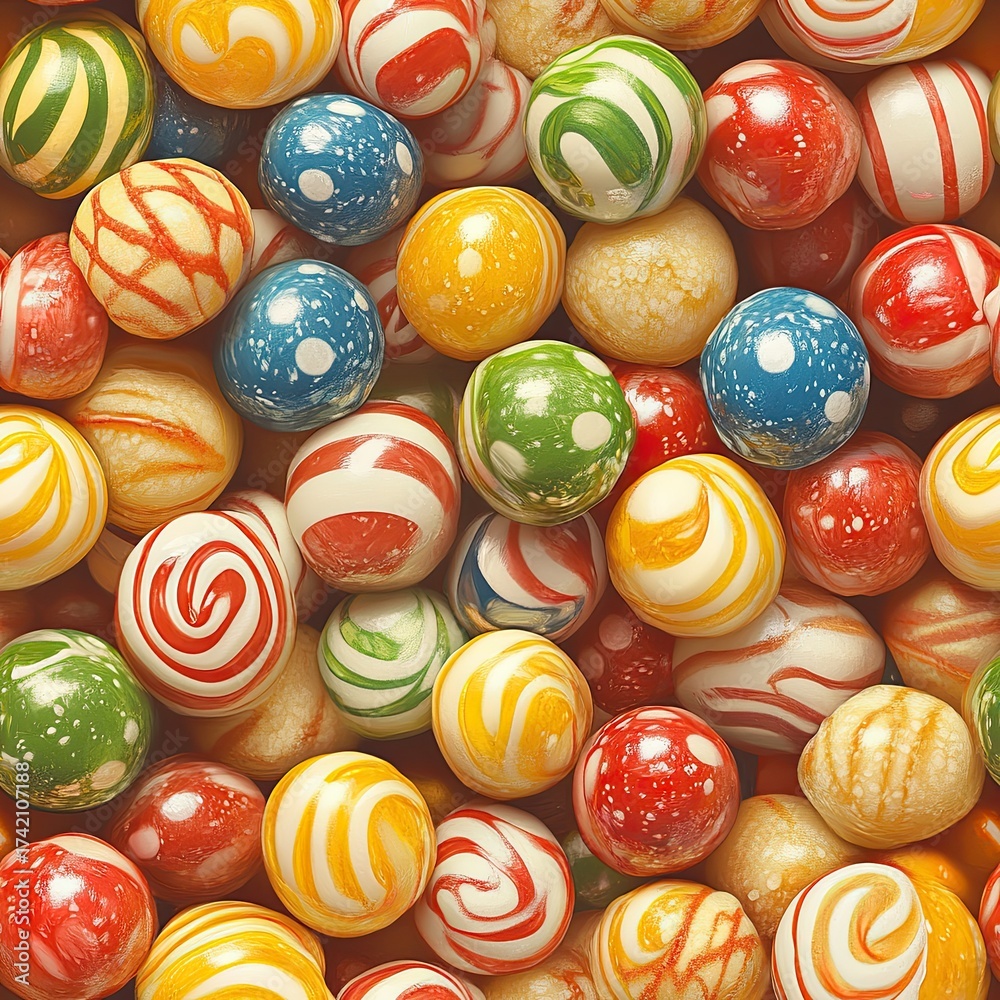 Fototapeta premium Seamless candy ball pattern in multicolor swirl design, bright and playful confectionery art.
