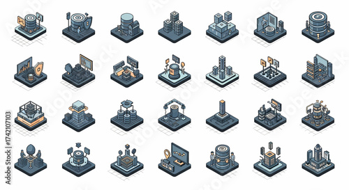 Dynamic digital data centers and futuristic server farms visualized in isometric style, perfect for tech innovation and business strategy presentations.