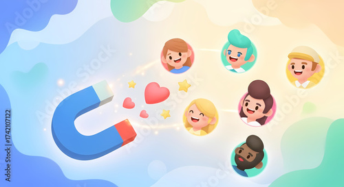 Captivating magnet drawing diverse happy people and hearts, symbolizing customer acquisition, engagement, and brand loyalty with vibrant energy