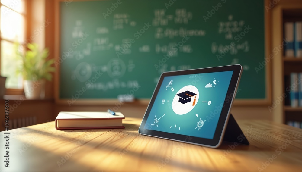 Fototapeta premium Digital tablet displays graduation cap icon for online learning. Textbook rests beside device on desk in classroom. Online education concept is shown.
