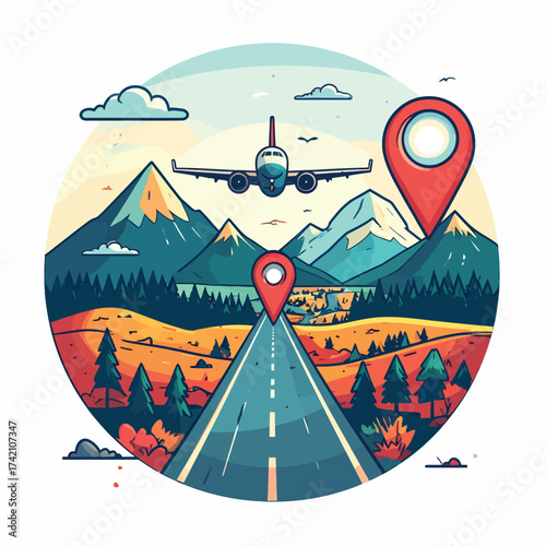 Journey's Start Navigating the Open Road and Sky, Guided by Location Markers and Scenic Beauty