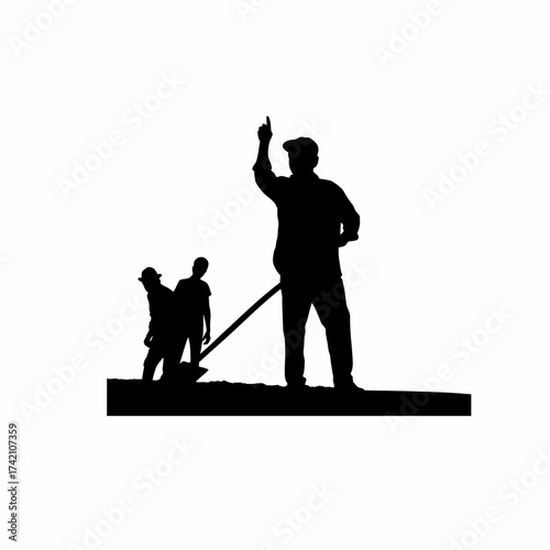 Silhouette of a farmer plowing with a hand tool isolated on white background