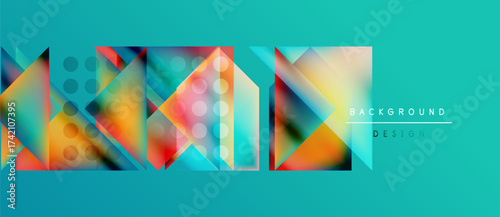 Abstract geometric shapes overlap, creating vibrant colorful pattern. Turquoise background complements design elements. Modern aesthetic.