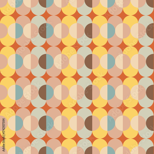 Seamless retro geometric pattern featuring half  circles in a mid-century modern color palette.