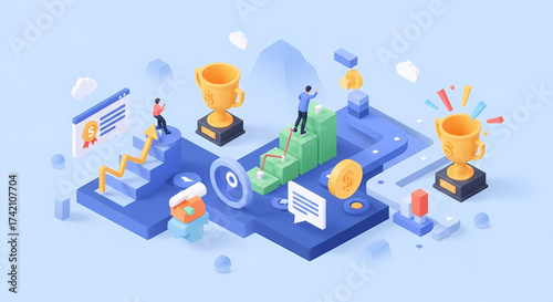 Achieve your financial goals and celebrate business success with dynamic growth charts, golden trophies, and upward trending graphs in this vibrant isometric illustration.