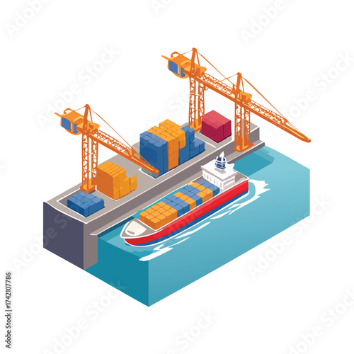 Isometric illustration of a cargo ship at a port with cranes and containers.