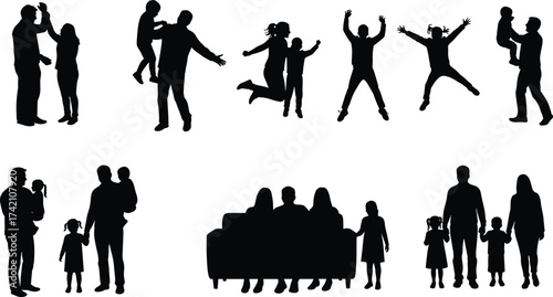 Silhouette of happy family together, parents and children playing, jumping, bonding, love, unity, relationship, lifestyle, teamwork, joy, and togetherness illustration