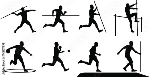 Silhouette of male athletes performing javelin throw, pole vault, running, shot put, long jump, professional track and field sports illustration