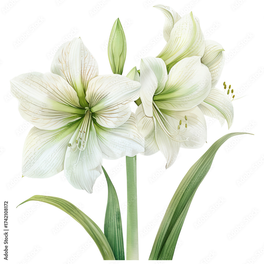 Fototapeta premium White Amaryllis Flower with Green Accents on transparent background