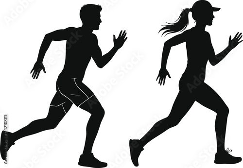 Silhouette of man running, woman jogging, athletic exercise, fitness training, outdoor sport activity, health lifestyle, marathon runner illustration