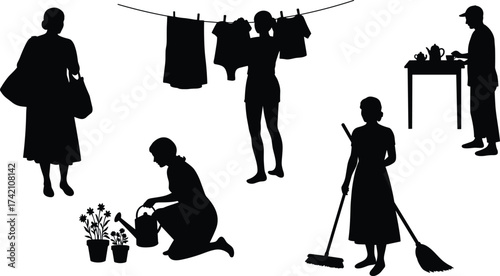 Silhouette of people doing daily chores, cleaning, cooking, gardening, washing clothes, shopping, home activities, household work, domestic lifestyle, routine life