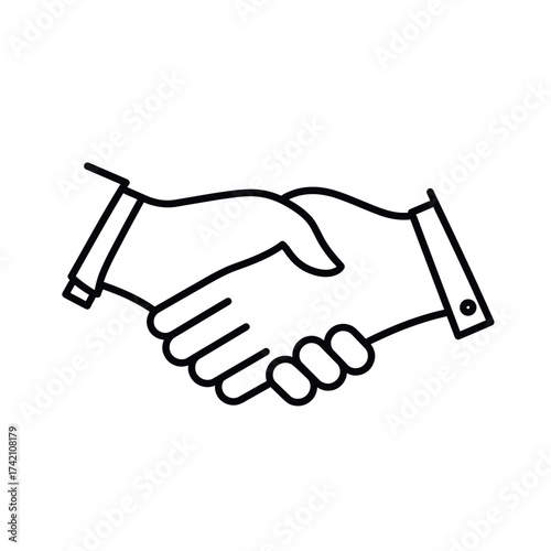 Simple line art icon of a business handshake on a white background, symbolizing a partnership deal, agreement, and welcome