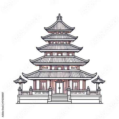 Hand-drawn vector illustration of a traditional Asian pagoda. Ornate Chinese or Japanese temple building sketch isolated on white for travel and culture design