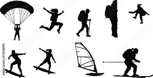 Silhouette of people performing extreme sports, skydiving, hiking, surfing, skiing, windsurfing, climbing, outdoor adventure, active lifestyle, fitness, recreation illustration