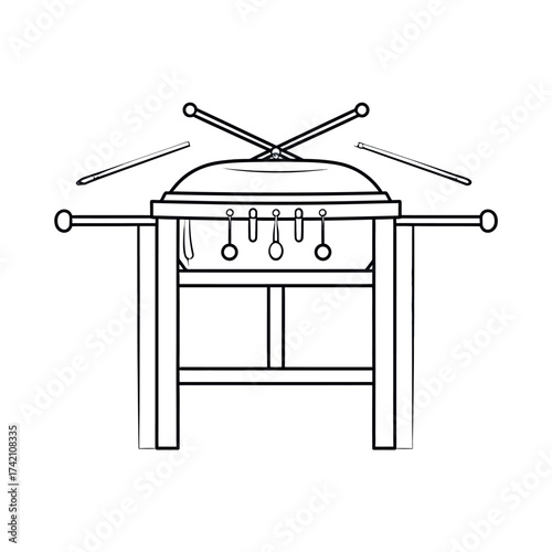 Black and white outline icon of a traditional Korean Jwago drum on a stand, a folk percussion instrument with mallets for cultural music