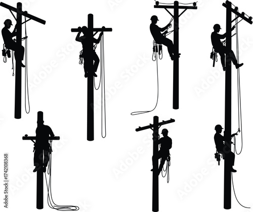 Silhouette of utility linemen climbing poles, electrical workers maintaining power lines, teamwork, safety harness, high voltage, energy repair, dangerous job
