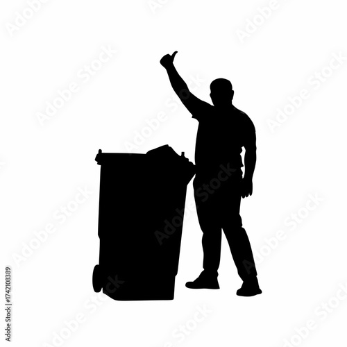 Silhouette of a garbage collector lifting a trash bin isolated on white background