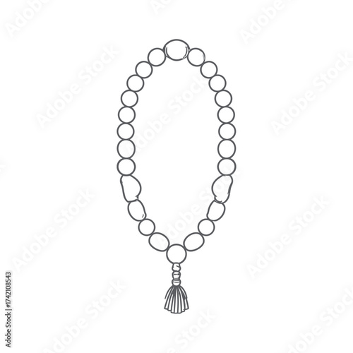 Simple line art icon of Islamic prayer beads, or tasbih, with a tassel for spiritual meditation isolated on a white background
