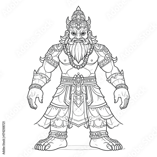 Detailed line art illustration of a powerful mythological Asian guardian, featuring ornate traditional attire, a majestic beard, and a regal presence, perfect for graphic design projects