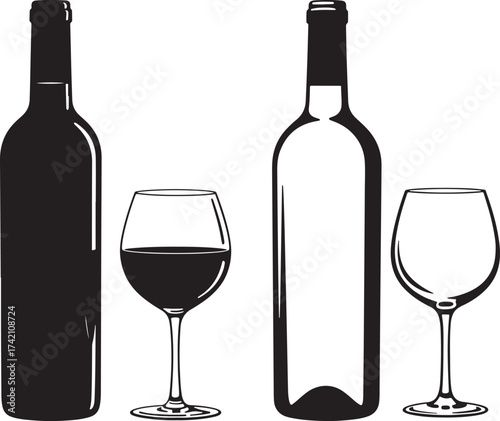 Two wine bottles and glasses silhouette