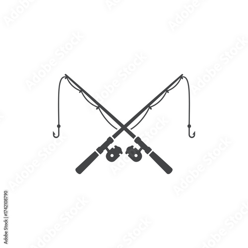 Two crossed fishing rods with reels and hooks in a simple black and white vector illustration style