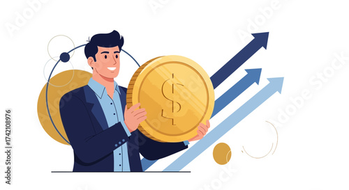 Successful Investor Holding Golden Dollar Coin With Upward Arrows Representing Growth