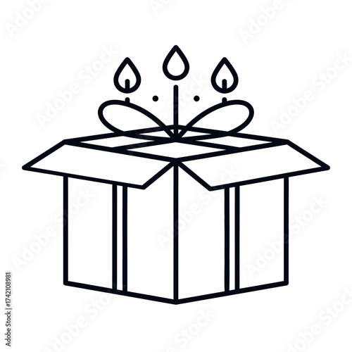 Minimalist outline illustration of a gift box with three candles on top, symbolizing celebration and surprise, perfect for festive occasions and gift-giving themes