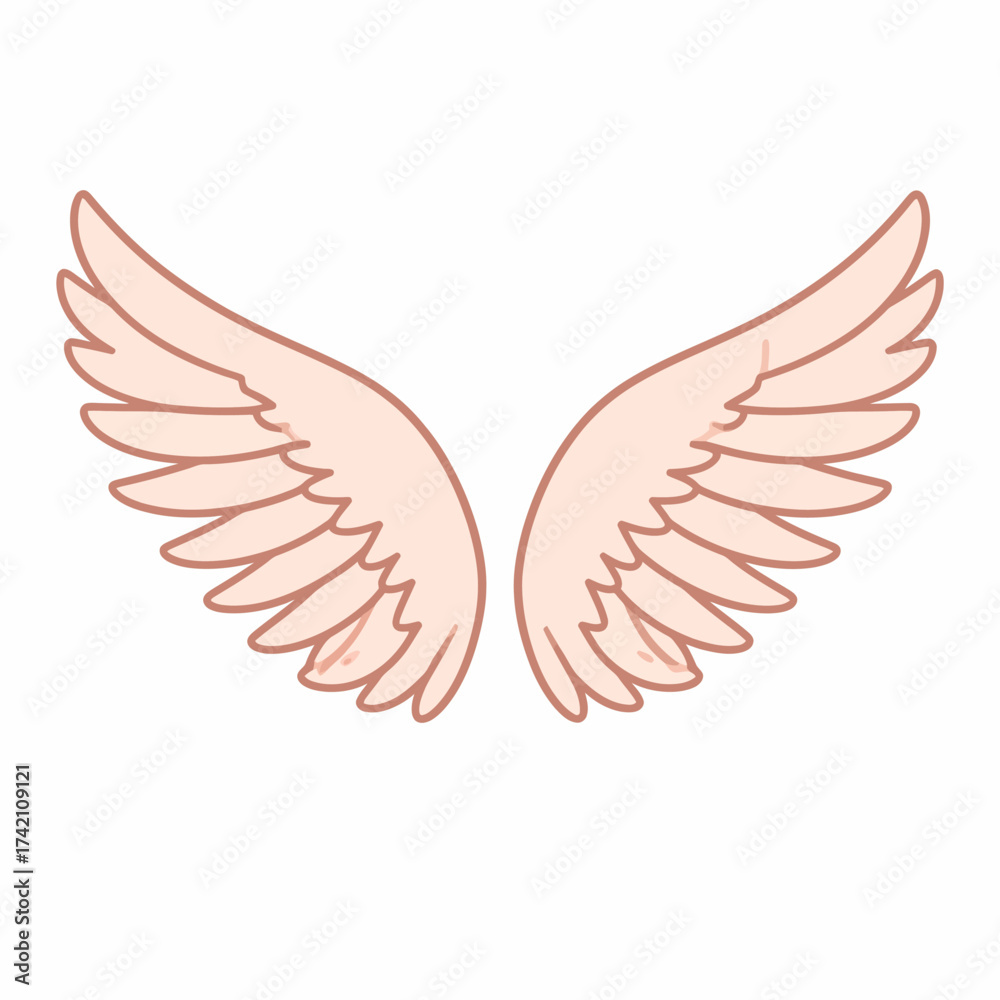 Obraz premium A delicate illustration of spread angelic wings in a soft pink hue. This vector graphic element symbolizes spirituality, freedom, and love, isolated on a clean white background