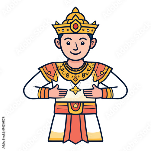 A charming cartoon illustration of a young man in traditional Southeast Asian royal costume with a respectful greeting gesture