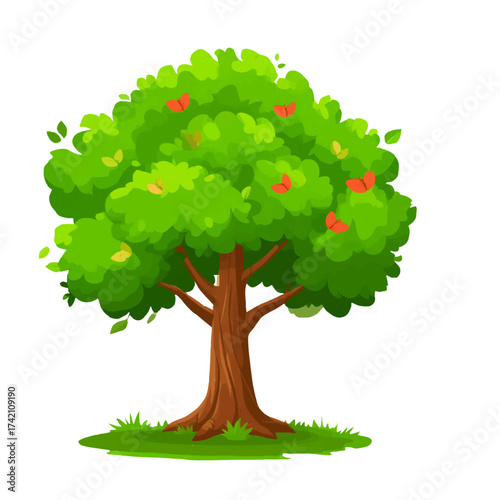 A tall tree with lush foliage on the lawn. Vector illustration. A forest tree with a curved trunk and a large crown, isolated on a white background