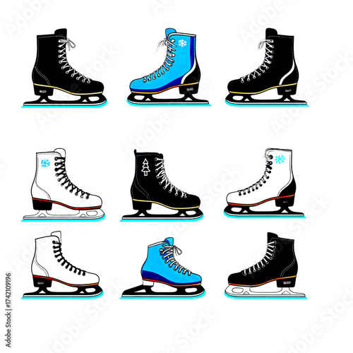 Skates, a set of silhouettes of different colors. Vector illustration. New Year's attributes for an ice rink are isolated on a white background.