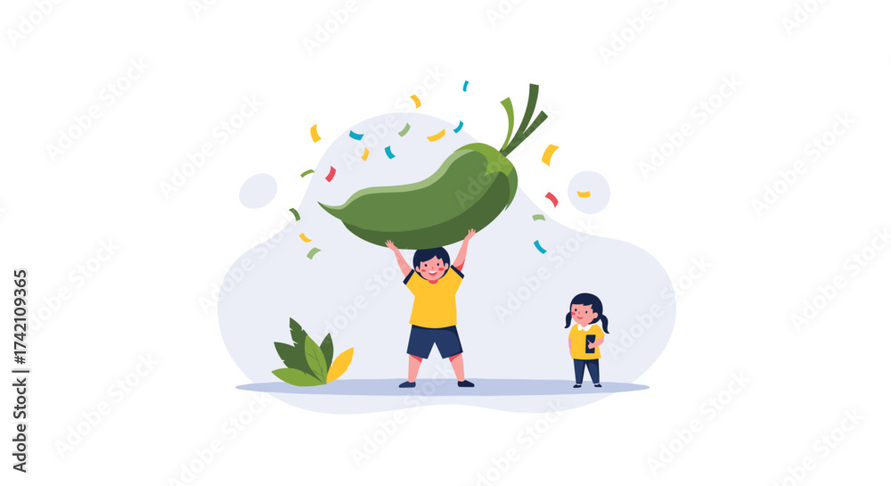 Fototapeta premium Children celebrating a successful harvest with a giant vegetable.