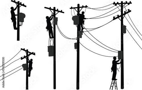 Silhouette utility workers on poles, electrical maintenance, transformer repair, cable installation, safety harness, ladder work, power line, infrastructure service
