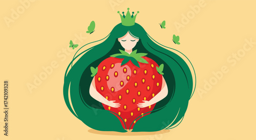 A mystical queen with flowing green hair and a crown embraces a giant strawberry while butterflies flutter around.